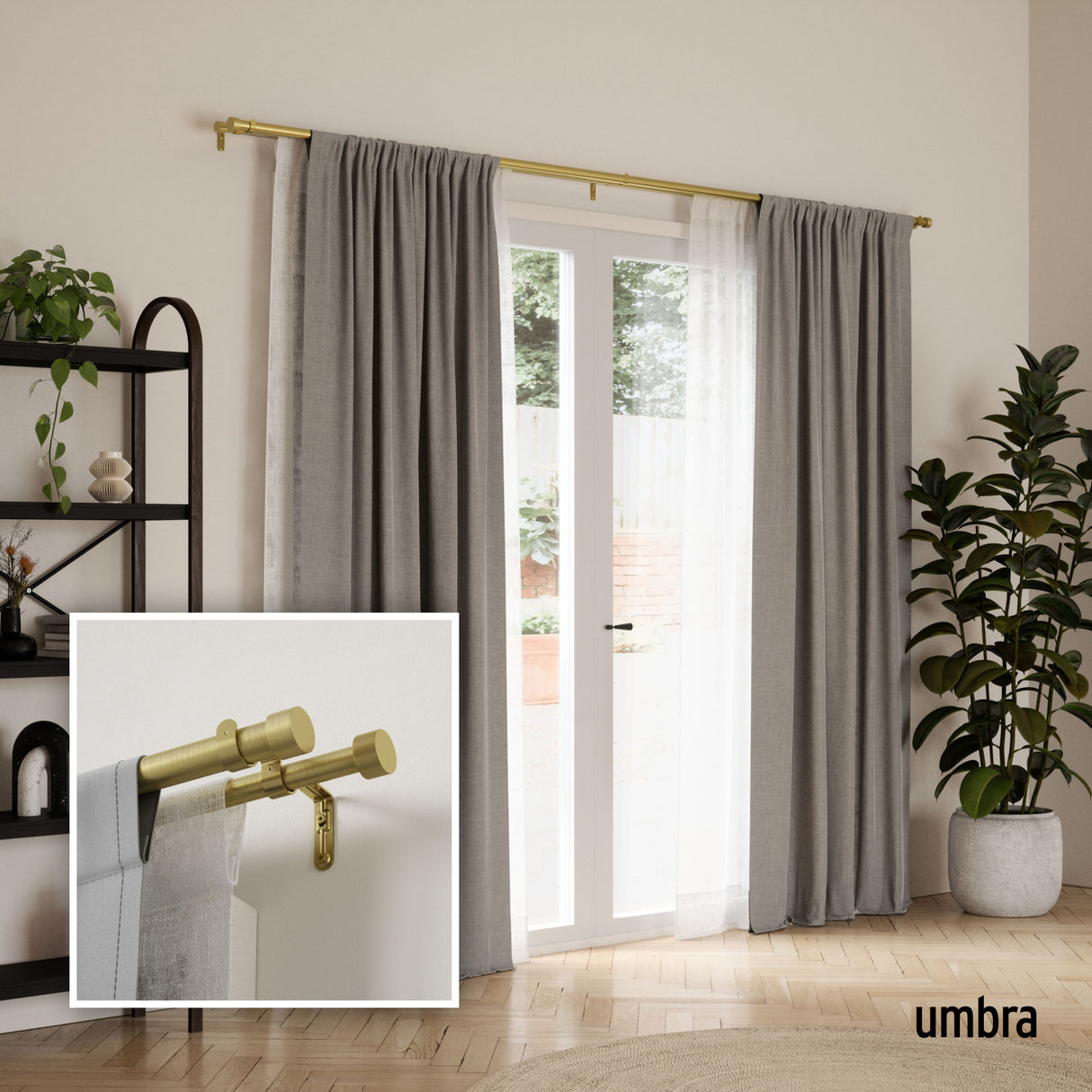 Double Curtain Rods | color: Brass | size: 66-120" (168-305 cm) | diameter: 1" (2.5 cm)