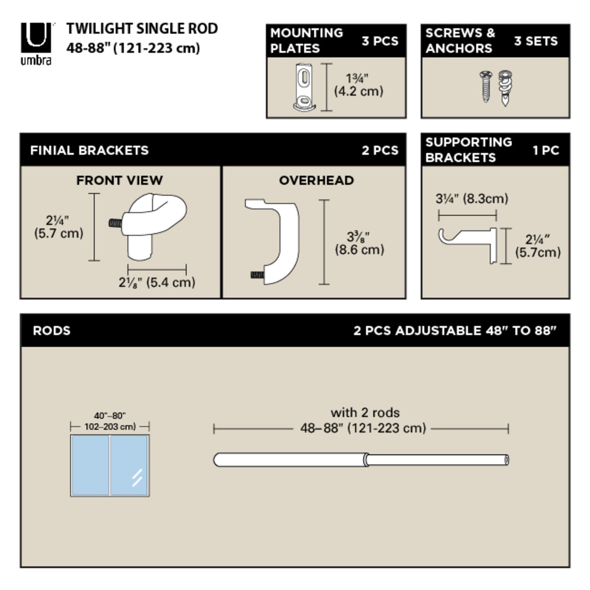 Single Curtain Rods
| color: Matte-Nickel | size: 48-88" (122-224 cm) | diameter: 3/4" (1.9 cm)