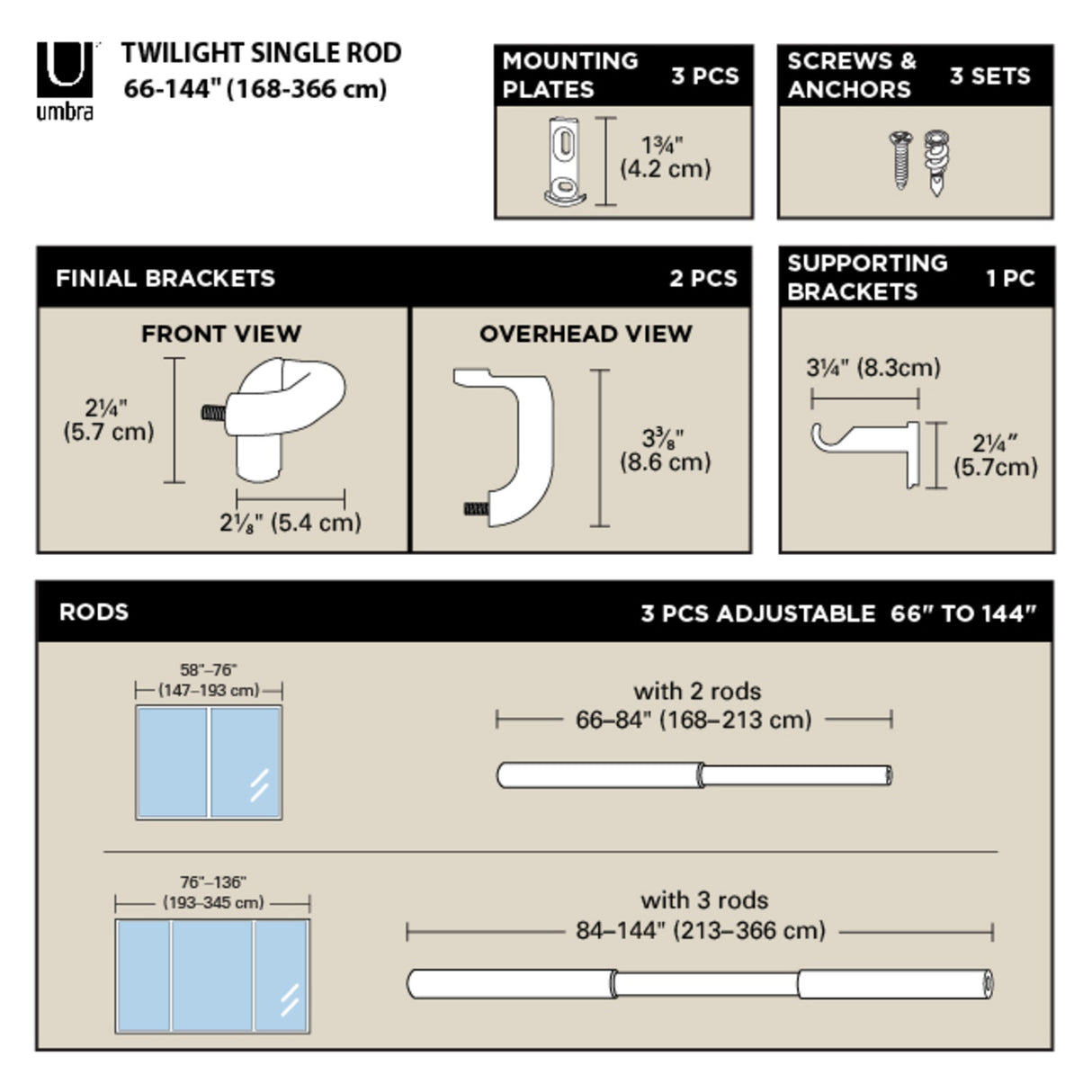 Single Curtain Rods | color: Matte-Nickel | size: 66-144" (168-365 cm) | diameter: 3/4" (1.9 cm)