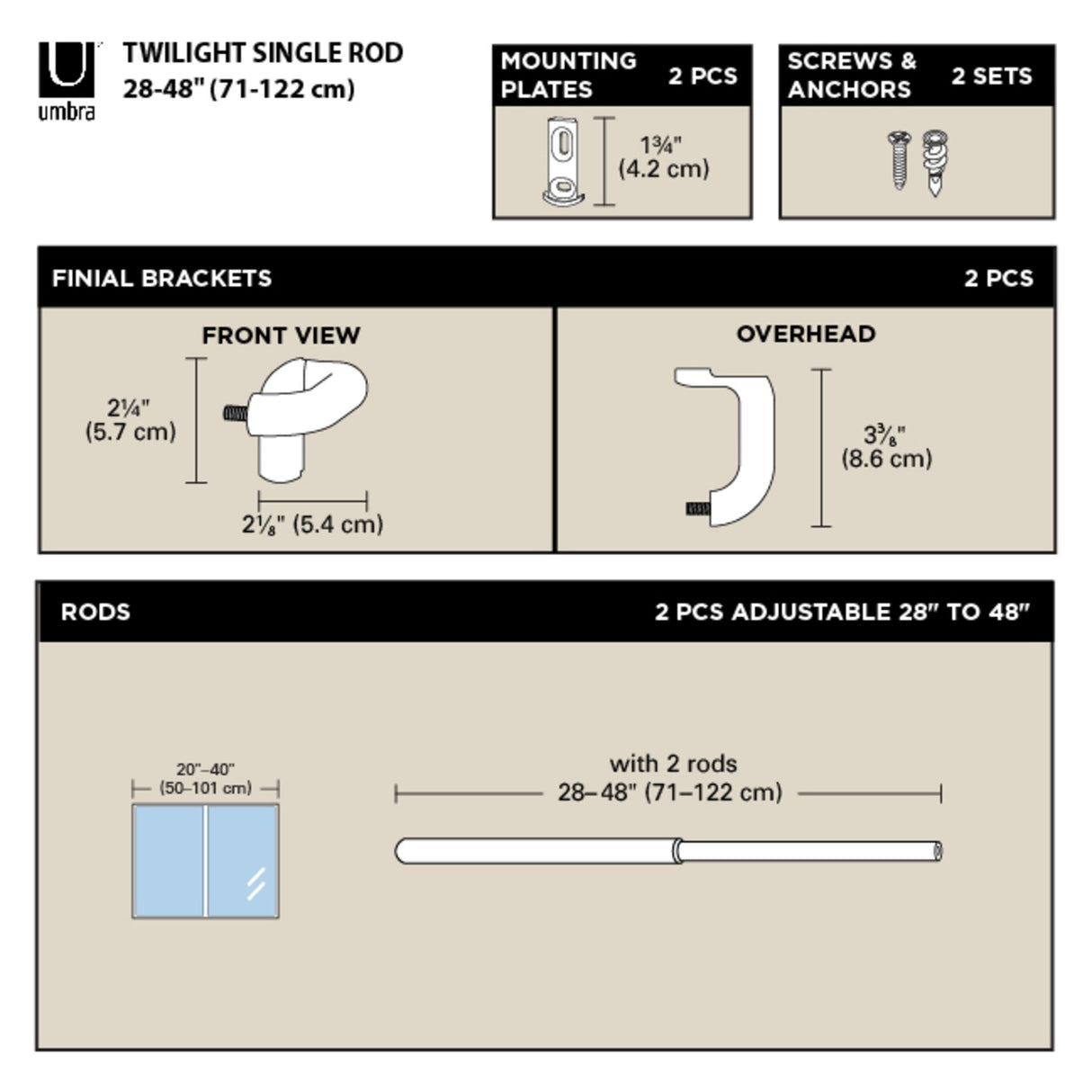 Single Curtain Rods
| color: Matte-Nickel | size: 28-48" (71-122 cm) | diameter: 3/4" (1.9 cm)