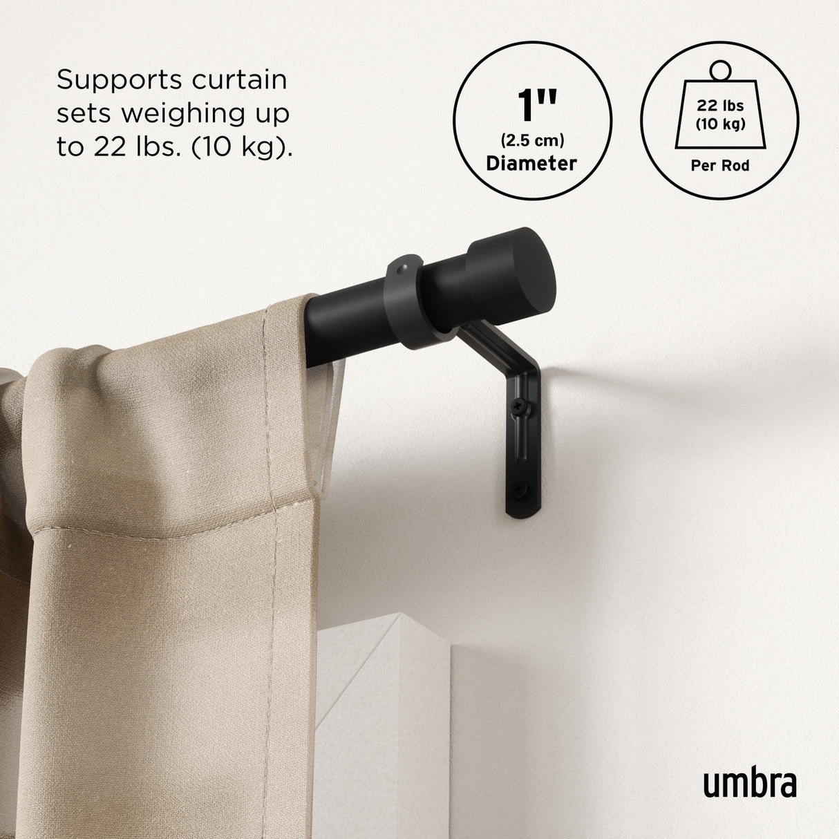 Single Curtain Rods | color: Matte-Black | size: 66-120" (168-305 cm) | diameter: 1" (2.5 cm)