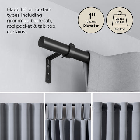 Single Curtain Rods | color: Matte Black | size: 64-128" (162-325 cm) | diameter: 1" (2.5 cm)