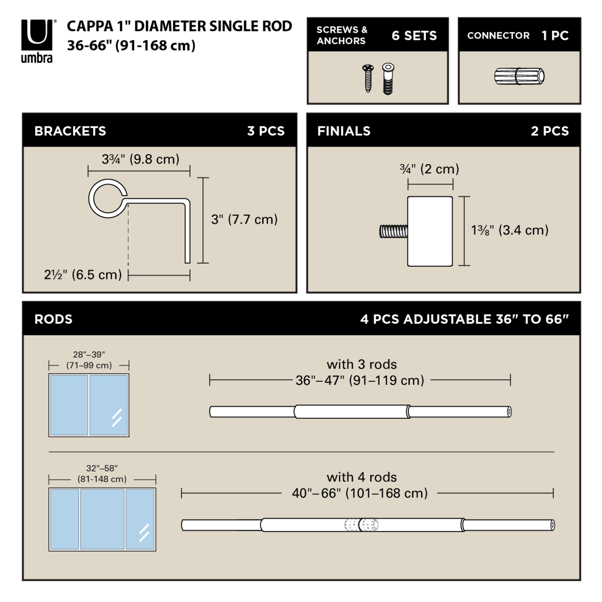 Single Curtain Rods | color: Gold | size: 36-66" (91-168 cm) | diameter: 1" (2.5 cm)