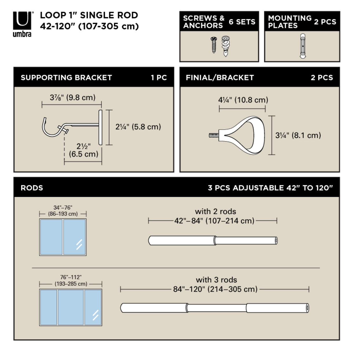 Single Curtain Rods | color: Eco-Friendly Nickel | size: 42-120" (107-305 cm) | diameter: 1" (2.5 cm)