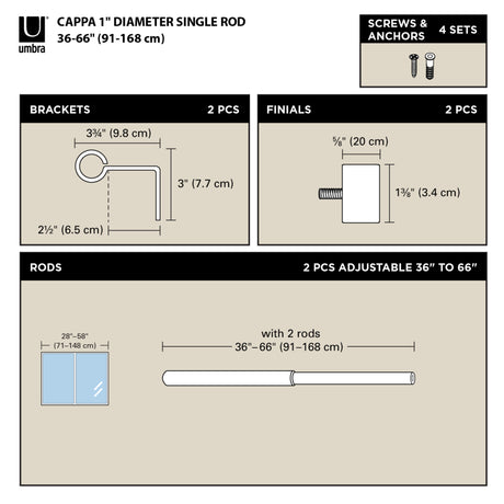 Single Curtain Rods | color: Brass | size: 36-66" (91-168 cm) | diameter: 1" (2.5 cm)