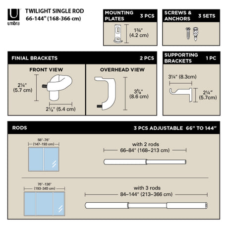 Single Curtain Rods | color: Matte-Nickel | size: 66-144" (168-365 cm) | diameter: 3/4" (1.9 cm)