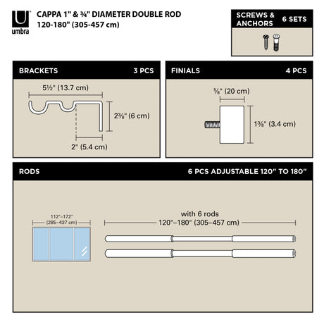 Double Curtain Rods | color: Brushed-Black | size: 120-180" (305-457 cm) | diameter: 1" (2.5 cm)