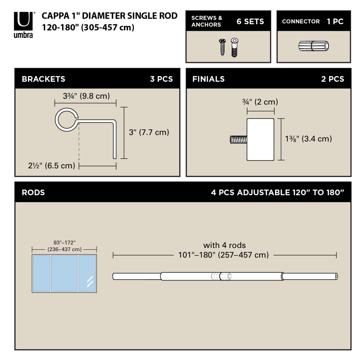 Single Curtain Rods | color: Gold | size: 120-180" (305-457 cm) | diameter: 1" (2.5 cm)